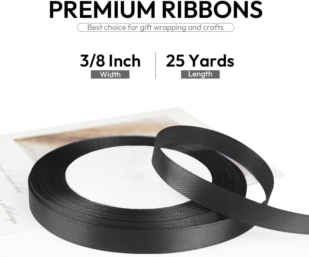 3/8 Inch 25 Yards Satin Ribbon Black, Solid Color Fabric Ribbon for Gift Wrapping, Wedding, Polyester Gift Ribbon for Birthday Party Decoration, Craft, Hair, Floral, Sewing