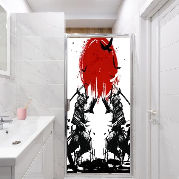 Japanese Samurai Stained Glass Film Watercolor Ink Samurai Sword Red Sun Printwindow Tinting Film for Home,Window Film Stained Glass 17.7Wx23.6L-Inch X1Pcs