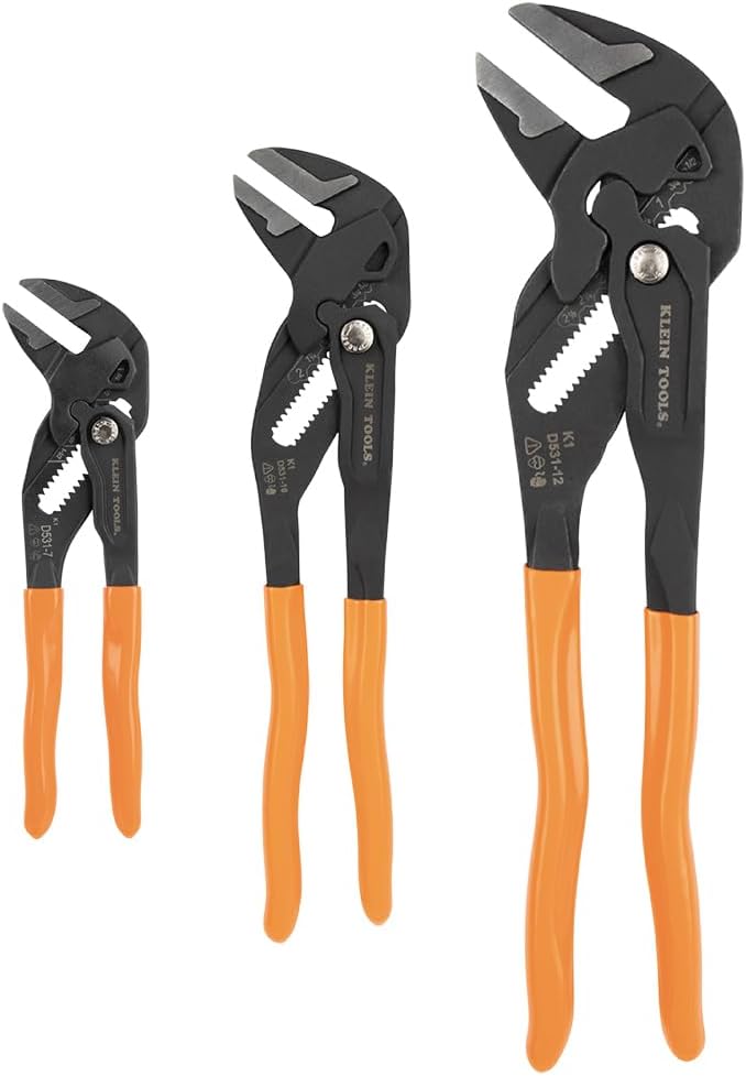 Klein Tools D53103KIT Adjustable Pliers Wrench Set, Compact High-Leverage Parallel Smooth Jaw Pliers, 7-Inch, 10-Inch and 12-Inch, 3-Piece