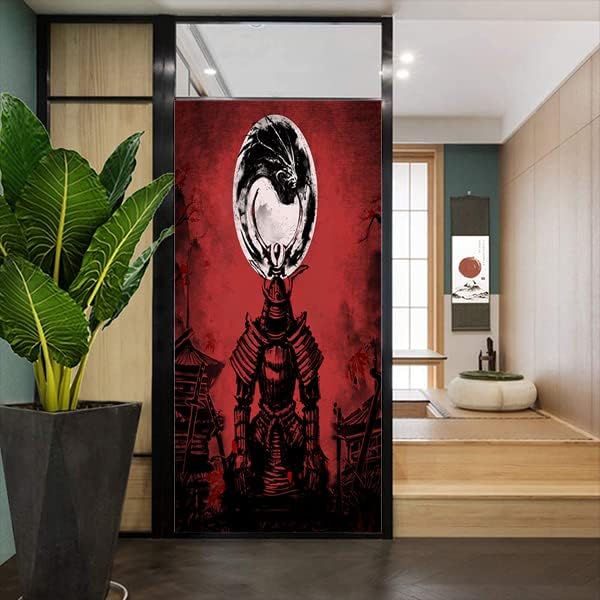 Japanese Samurai Window Film Abstract Vintage Samurai Blossom Dragon Full Moonstained Glass Window Film,Playroom Window Film,Nursery Window Film 23.6Wx35.4L-Inch X1Pcs