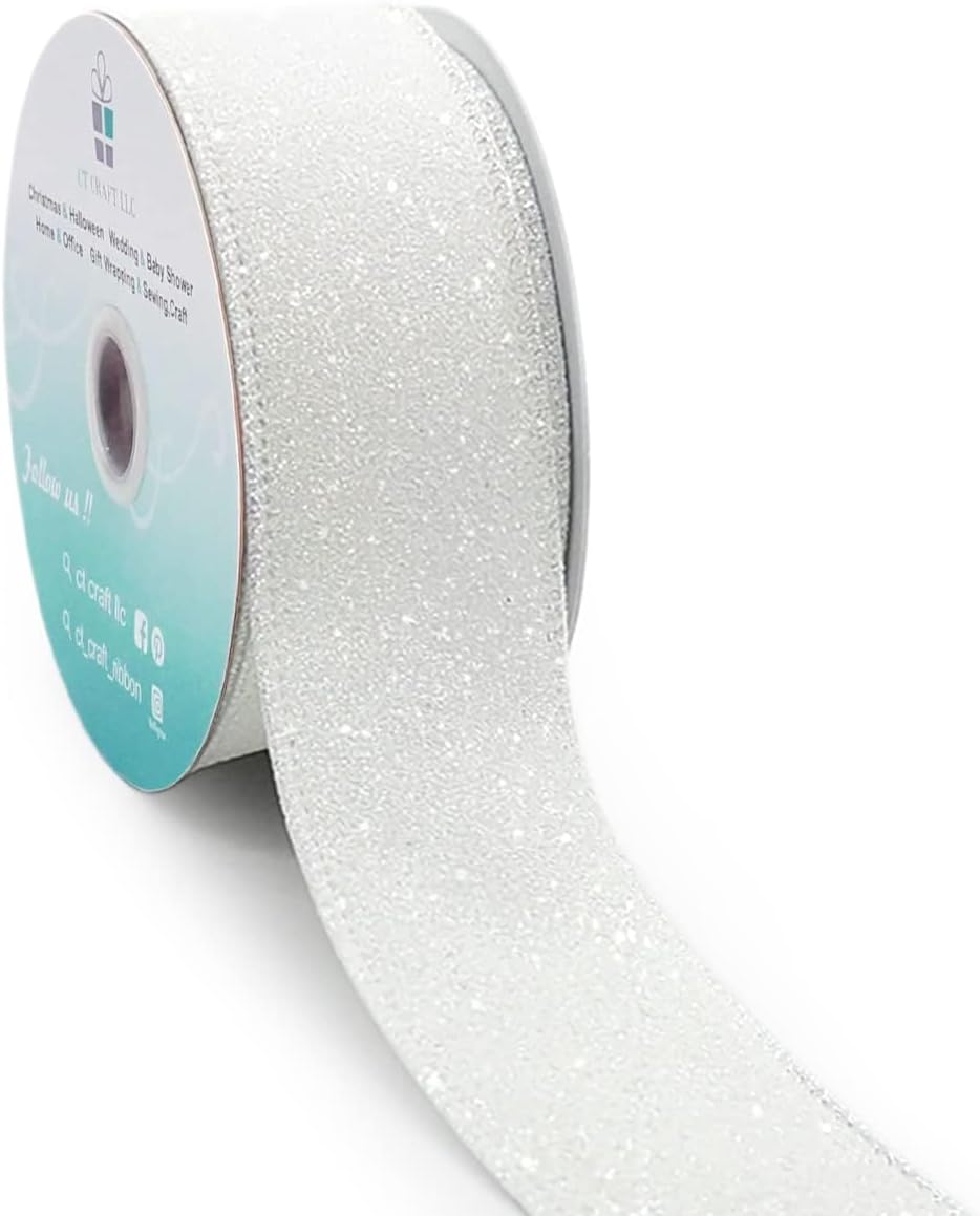 CT CRAFT LLC Glitter Wired Ribbon 1.5" x 10 Yards White for Christmas Home Decor Bow Gift Wrapping DIY Crafts Wreath