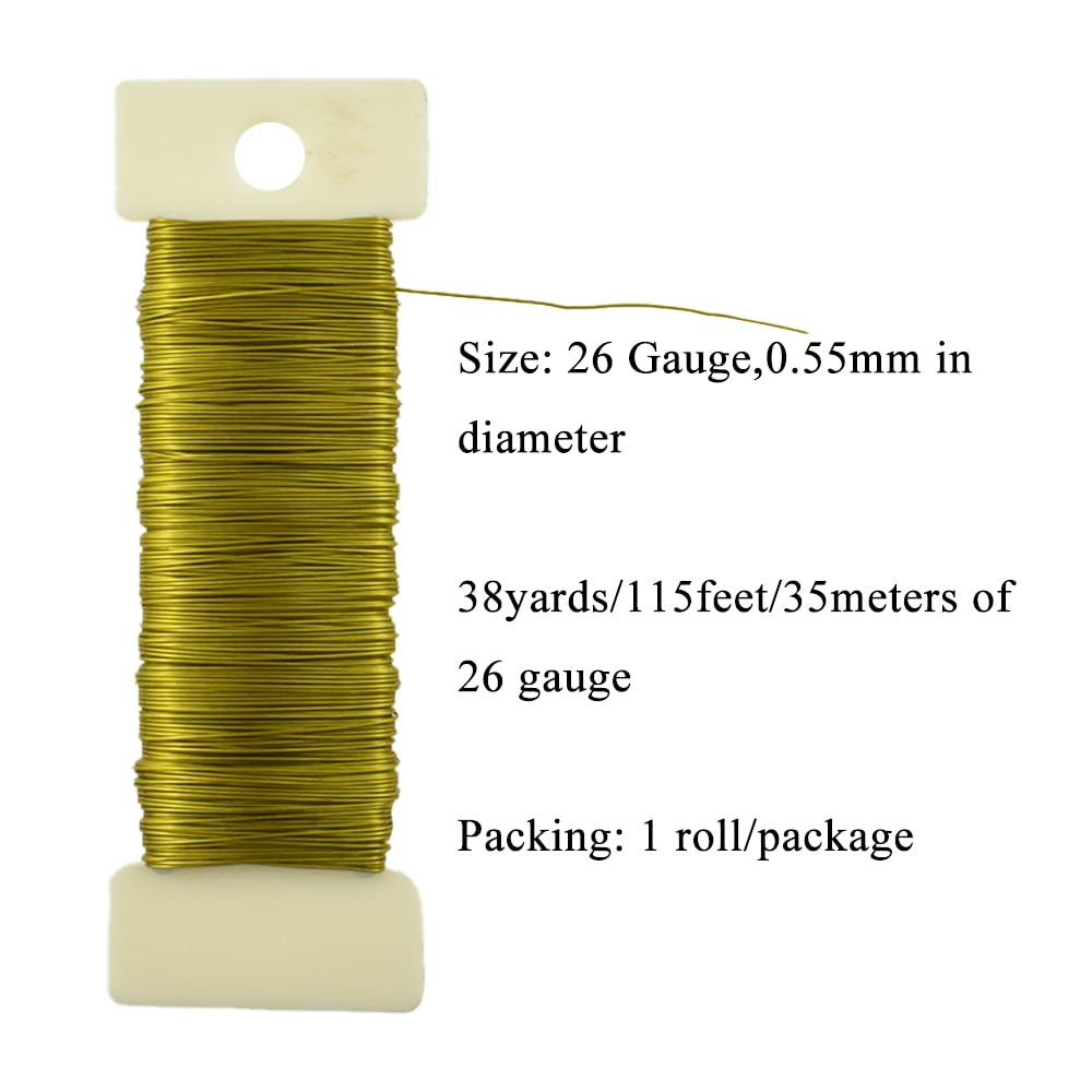 HAHIYO 26Gauge Golden Metal Floral Wire - 1 Roll, 38 Yards (115 Feet) - Flexible Paddle Wire for Craft, Christmas Wreath, Flower Arrangement, Bouquet Wrapping, Wedding, DIY