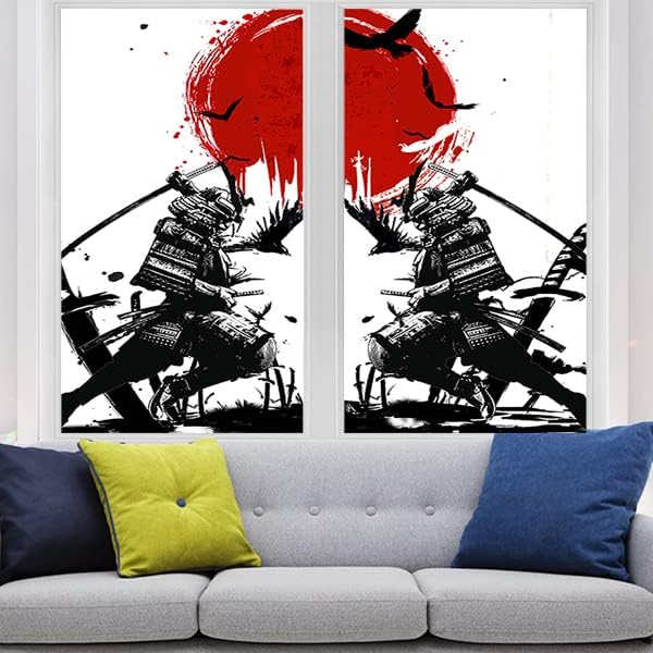 Japanese Samurai Stained Glass Film Watercolor Ink Samurai Sword Red Sun Printwindow Tinting Film for Home,Window Film Stained Glass 23.6Wx78.7L-Inch X2Pcs