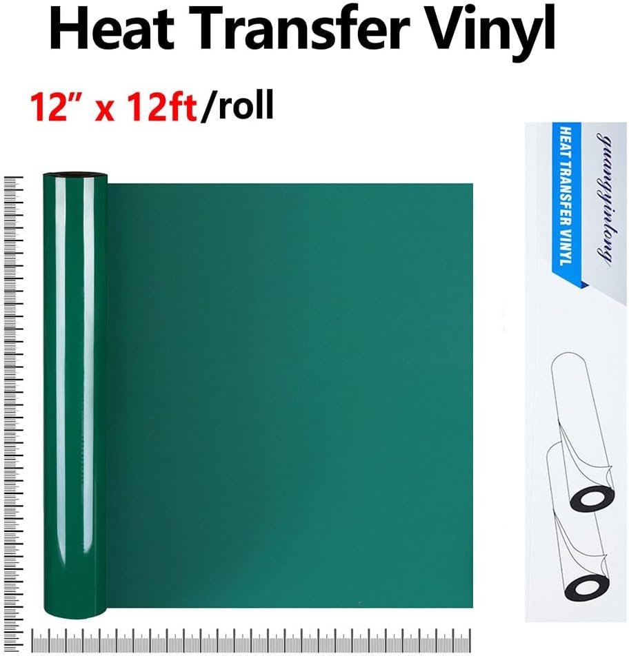 Guangyintong Heat Transfer Vinyl Rolls, 12" x 12ft Matte Green HTV for T-Shirts, All Cutter Machines, Easy Cut & Weed