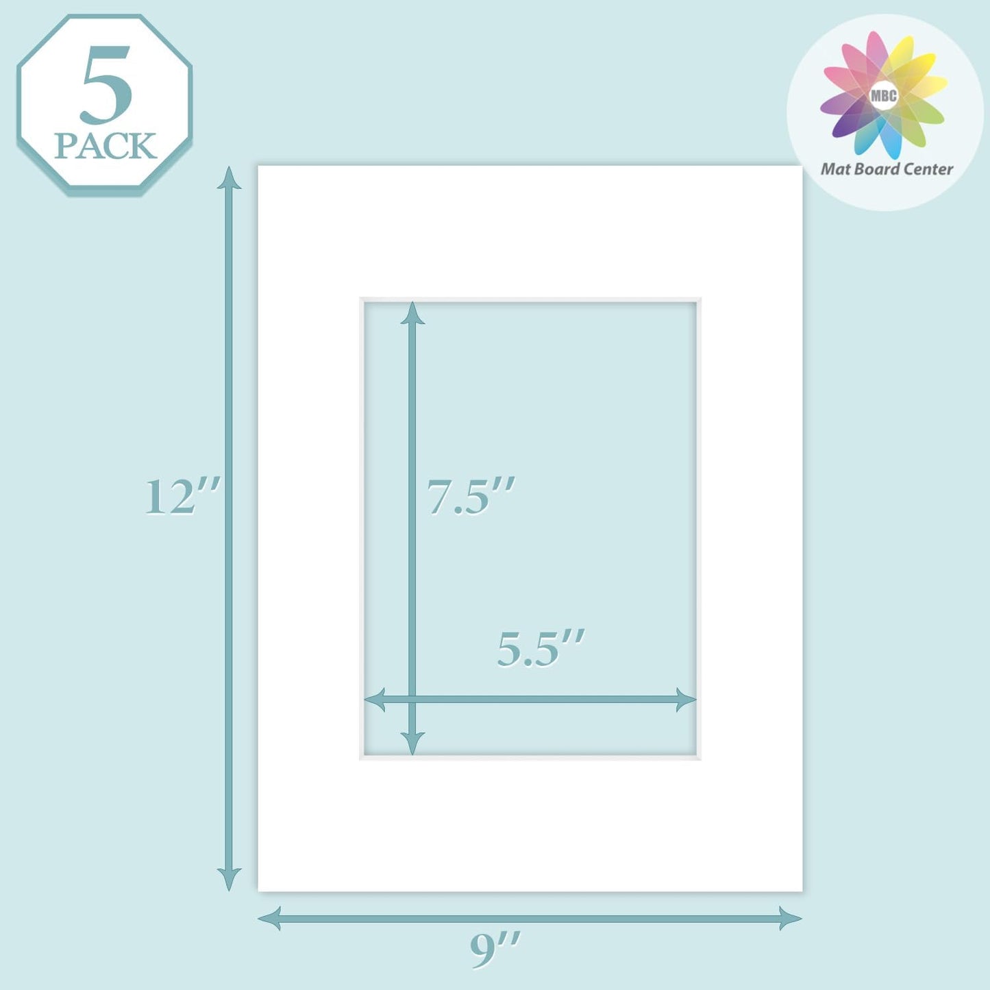 MBC Mat Board Center, 5 Pack 9X12 for 6X8 White Picture Mats Frame Mattes, Bevel Cut, Acid Free, 4-Ply Thickness