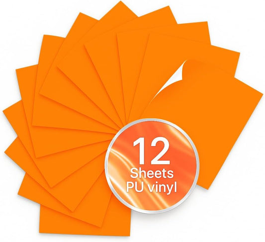 Neon Orange PU Heat Transfer Vinyl, 12 Pcs 12"x10" HTV Sheets – Soft & Stretchable Iron-On Vinyl, Easy to Cut & Weed, Compatible with Cricut & Silhouette – Great for DIY Family Shirts & Crafts