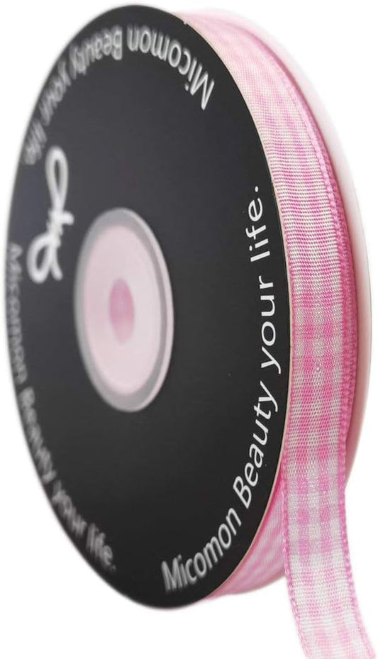 Pink Gingham Plaid Checked Ribbon 25 Yards Each Roll 100% Polyester (3/8",Pink)