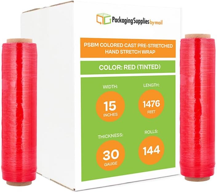 PSBM Red Stretch Wrap, 15 Inch x 1476 Feet, 144 Pack, Tinted Pre-Stretched Shrink Wrap Film for Moving, Packaging, Pallet Wrapping