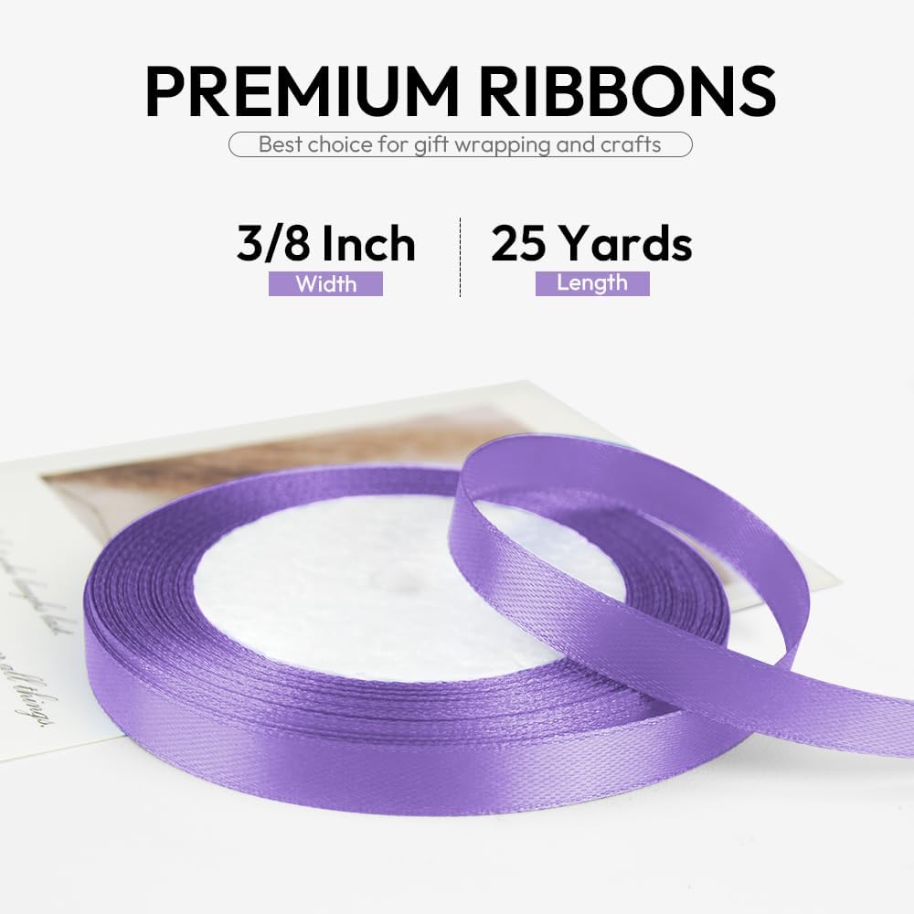 3/8 Inch 25 Yards Satin Ribbon Light Purple, Solid Color Fabric Ribbon for Gift Wrapping, Wedding, Polyester Gift Ribbon for Birthday Party Decoration, Craft, Hair, Floral, Sewing