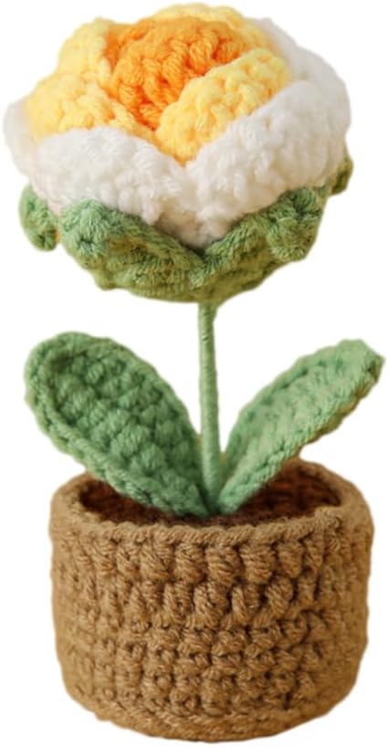 Rose Pin Cushion, Handmade Knitted Pincushions, Cute Pin Cushions Needle Holders for Sewing Quilting Accessory, DIY Crafts or Patchwork Decor.Potted White Yellow Rose