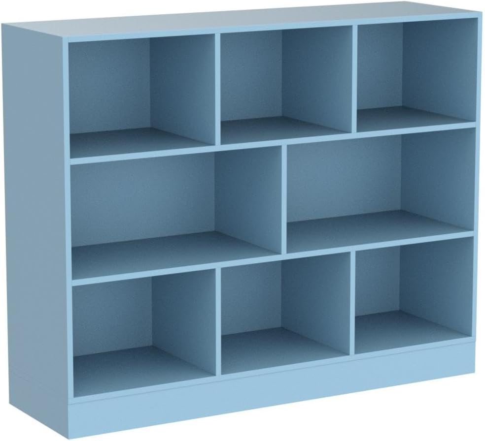 IOTXY Open Shelf Low Bookcase - Wooden 3-Tier Floor Standing Display Cabinet Organizer with Base, 8 Cubes Short Horizontal Bookshelf in Bright Blue