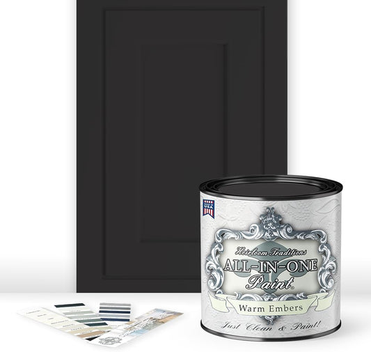 ALL-IN-ONE Paint, Durable cabinet and furniture paint. Built in primer and top coat, no sanding needed. Includes our 30 featured color card - Warm Embers (warm black), Quart