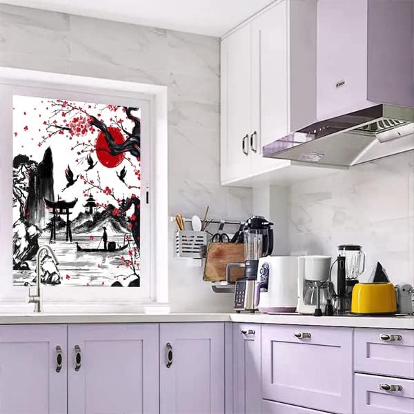 Vintage Japanese Style Decorative Window Film Abstract Ink Japanese Landscape Torii Gatekids Blackout Window Film,Cafe Lighted Window Film 23.6Wx35.4L-Inch X1Pcs