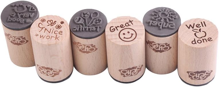 DECORA 6pcs Round Wood Rubber Stamp for School Teachers English Toy Stamp Au116s1p1us1