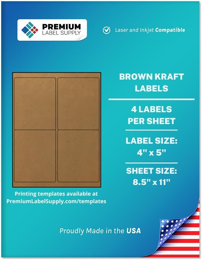 Premium Label Supply Brown Kraft Sticker Labels – 4" x 5" – Laser/Inkjet Compatible – (4 per Sheet), 500 Sheets – 2,000 Total Adhesive Labels