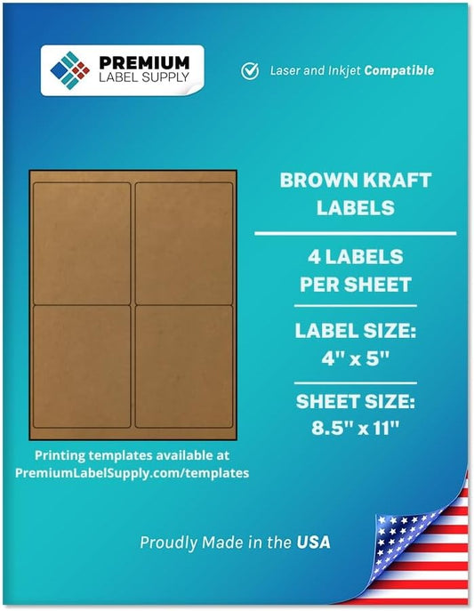 Premium Label Supply Brown Kraft Sticker Labels – 4" x 5" – Laser/Inkjet Compatible – (4 per Sheet), 500 Sheets – 2,000 Total Adhesive Labels