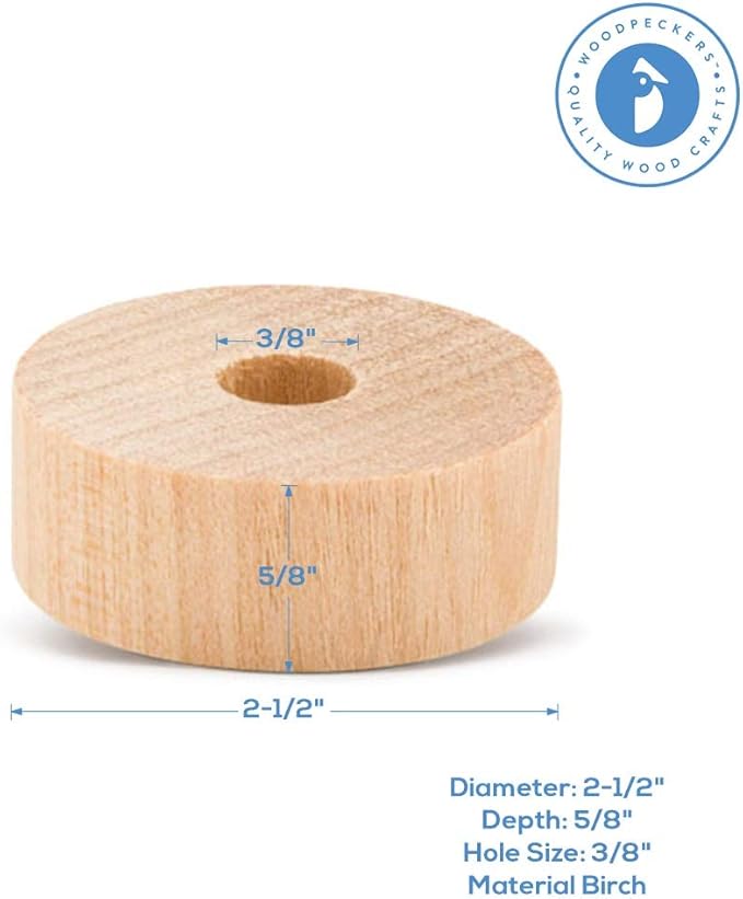 2-1/2-inch Diameter Slab Wooden Wheels for Crafts 3/8-inch Hole, 3/4-inch Thick, Pack of 12 Mini Craft Wheel for Model, by Woodpeckers