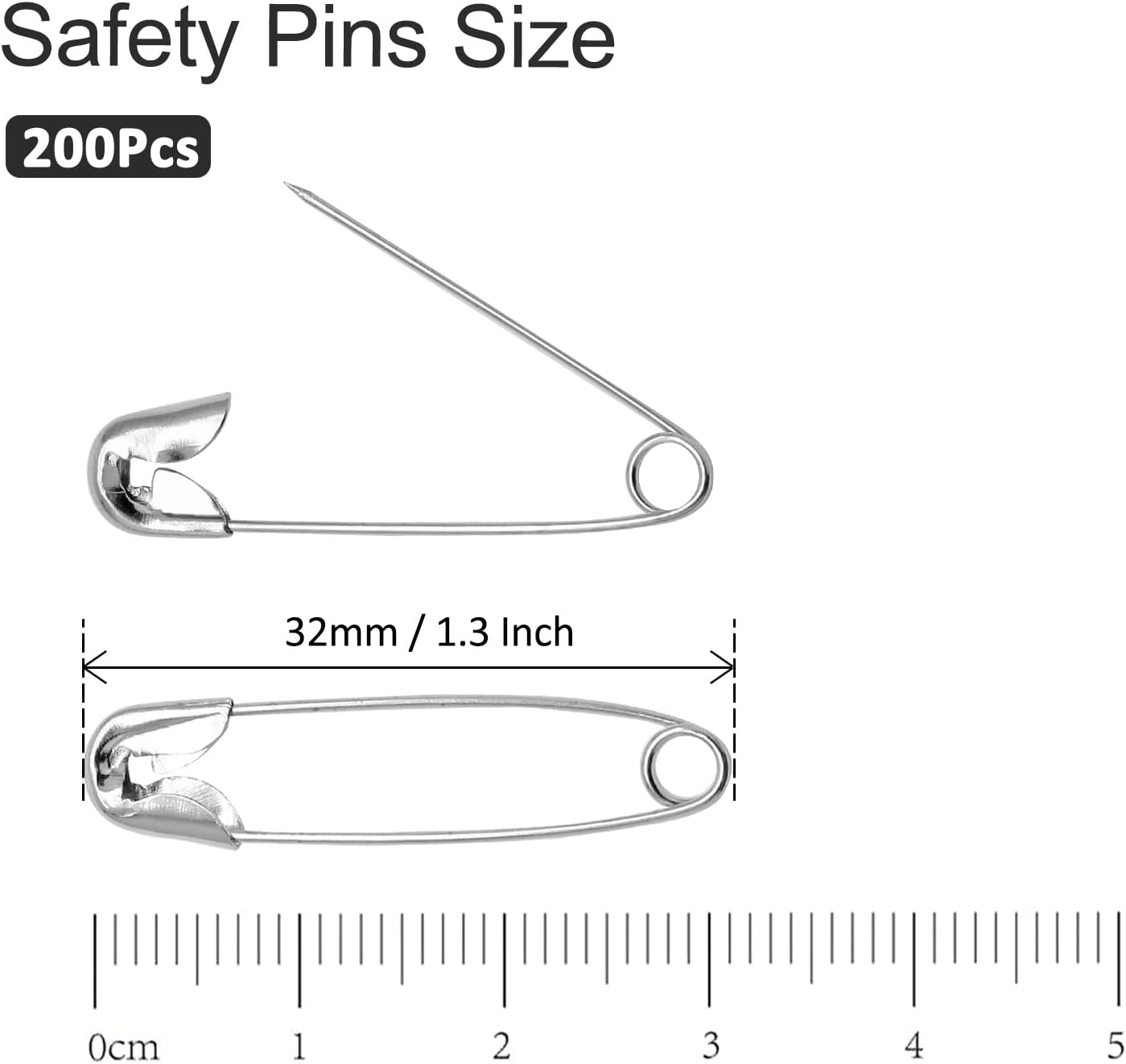 200 PCS 32mm / 1.3 Inch Heavy Duty Quilting Pins, Medium Safety Pins Bulk, Silver Metal Sewing Pins, Sharp Safety Pins for DIY Crafts Jewelry Making Baby Clothing (Nickel Plated)
