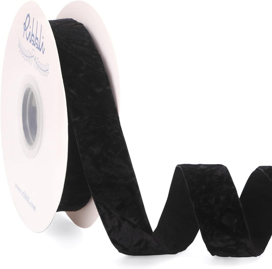 Ribbli Black Velvet Ribbon 1 Inches Luxury Crinkled Black Christmas Ribbon for Gift Wrapping Crafts Home Decor-Continuous 10 Yard