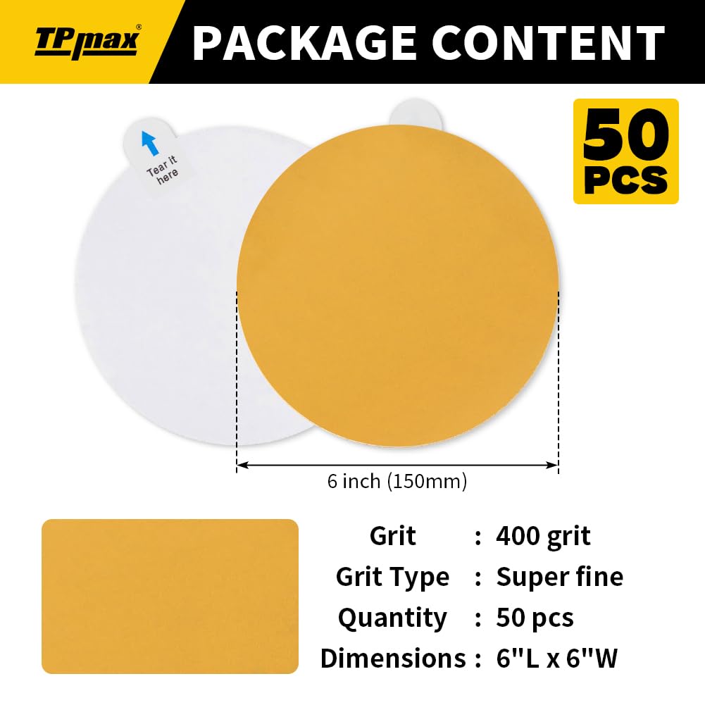 6-Inch 400-Grit Gold PSA Sanding Discs, 50 Pack – Pro-Grade Self-Adhesive Stickyback Sandpaper with Quick-Release Tabs for DA Sander, Superfine Automotive/Wood/Metal Sanding