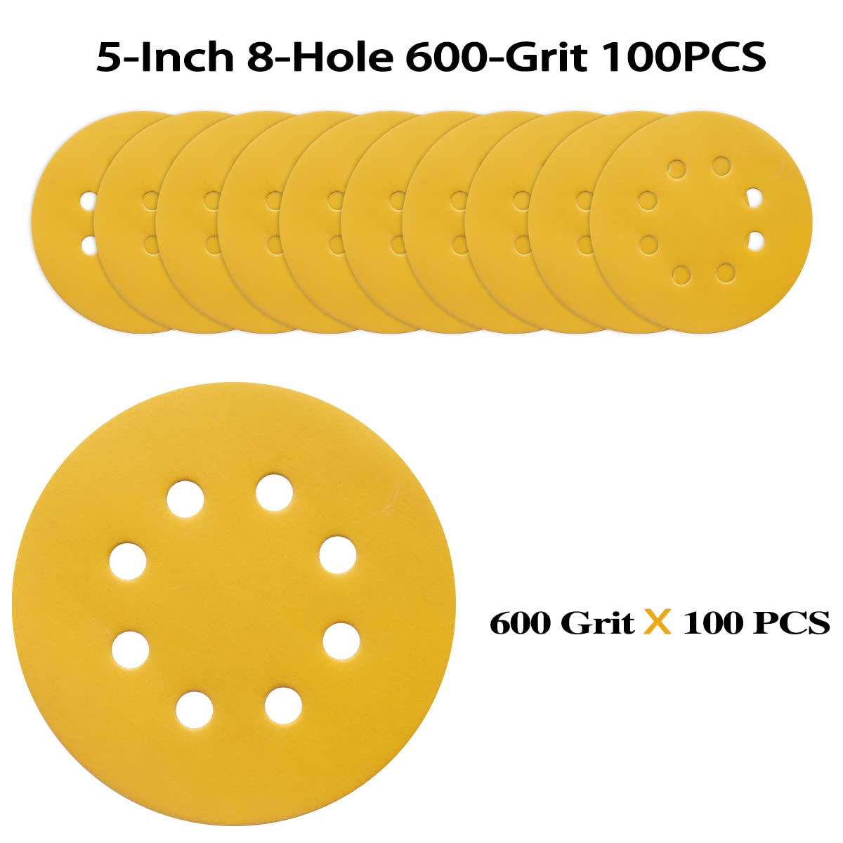 100PCS 5 Inch 8 Hole Sanding Discs 600 Grit,Gold Round Hook and Loop Sandpaper for Random Orbital Sander