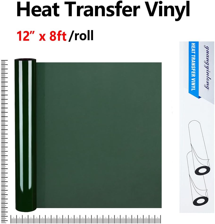 guangyintong Dark Green Heat Transfer Vinyl HTV Rolls, 12" x 8ft Dark Green Iron on Vinyl for T-Shirts Glossy Surface HTV Vinyl for All Cutter Machines Easy to Cut & Weed for Heat Vinyl Design