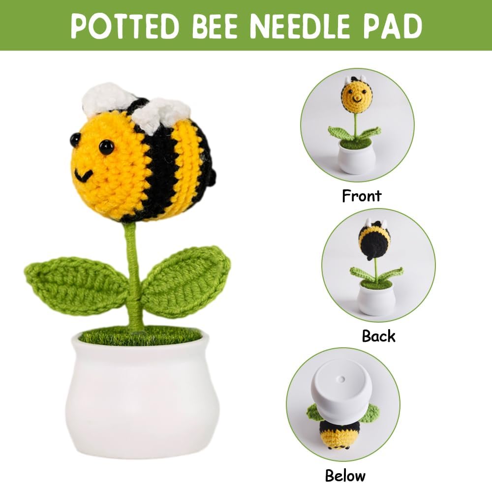Bee Pin Cushion, Handmade Knitted Pincushions, Cute Pin Cushions Needle Holders for Sewing Quilting Accessory, DIY Crafts or Patchwork Decor.Flowerpot Design Bee