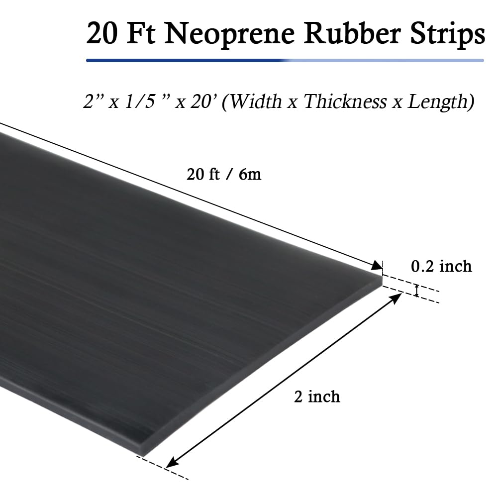 Neoprene Rubber Strips Self Adhesive Solid Rubber Sheets, Rolls & Strips for DIY Gaskets Crafts Pads Seals Warehouse Flooring Neoprene Sheet with Adhesive Backing (2" Wide x 1/5" Thick x 20' Long)