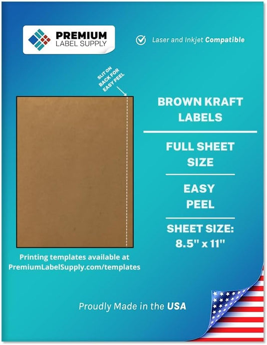 Premium Label Supply Brown Kraft Full Sheet Sticker Labels – 8.5" x 11" – Laser/Inkjet Compatible – 500 Sheets