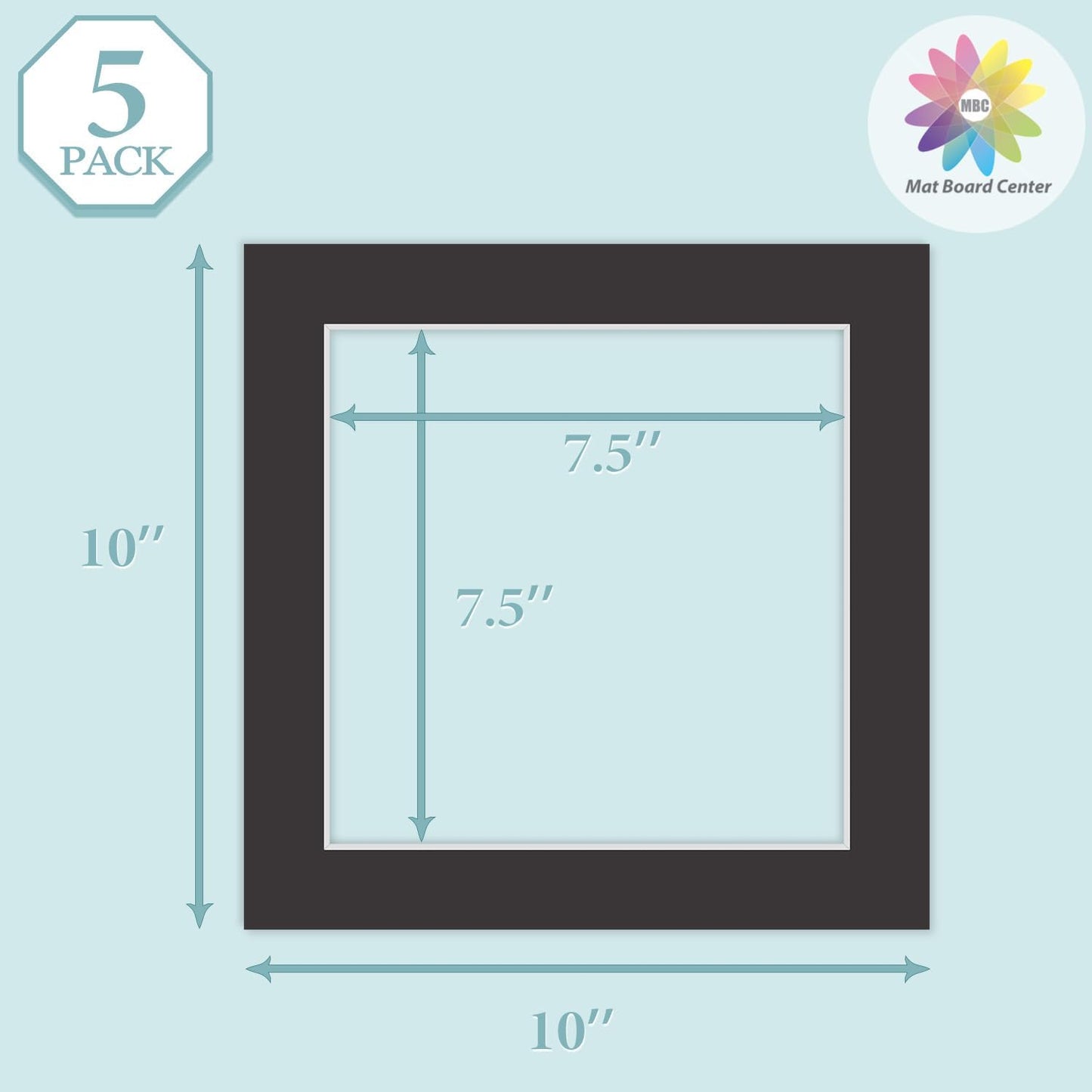 MBC Mat Board Center, 5 Pack 10x10 for 8x8 Black Picture Mats Frame Mattes, Bevel Cut, Acid Free, 4-ply Thickness