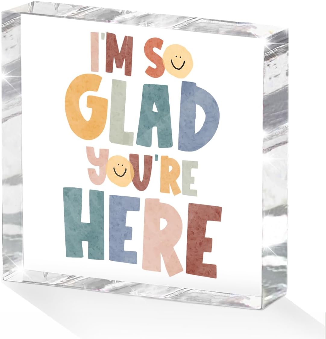 Positive Affirmation Desk Decor Acrylic Sign 4X4 Inch, Motivational Smile Face Desk Decorative Signs for Shelf Tabletop Cubicle Room Office, Welcome Gifts for Women Men Friends