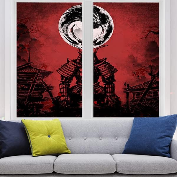 Japanese Samurai Window Film Abstract Vintage Samurai Blossom Dragon Full Moonstained Glass Window Film,Playroom Window Film,Nursery Window Film 23.6Wx35.4L-Inch X2Pcs