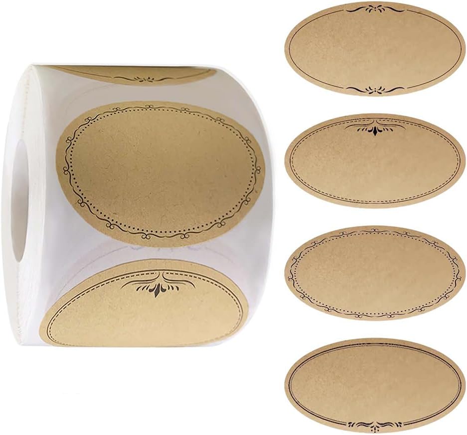 HAHIYO 1.4 * 2.5In 500P Oval Brown Kraft Stickers with Artistic Border - 4 Unique Styles Blank Kraft Labels Roll to Write On Durable Dot Stickers for Jar Canning Labels Price Tags Store Organizing
