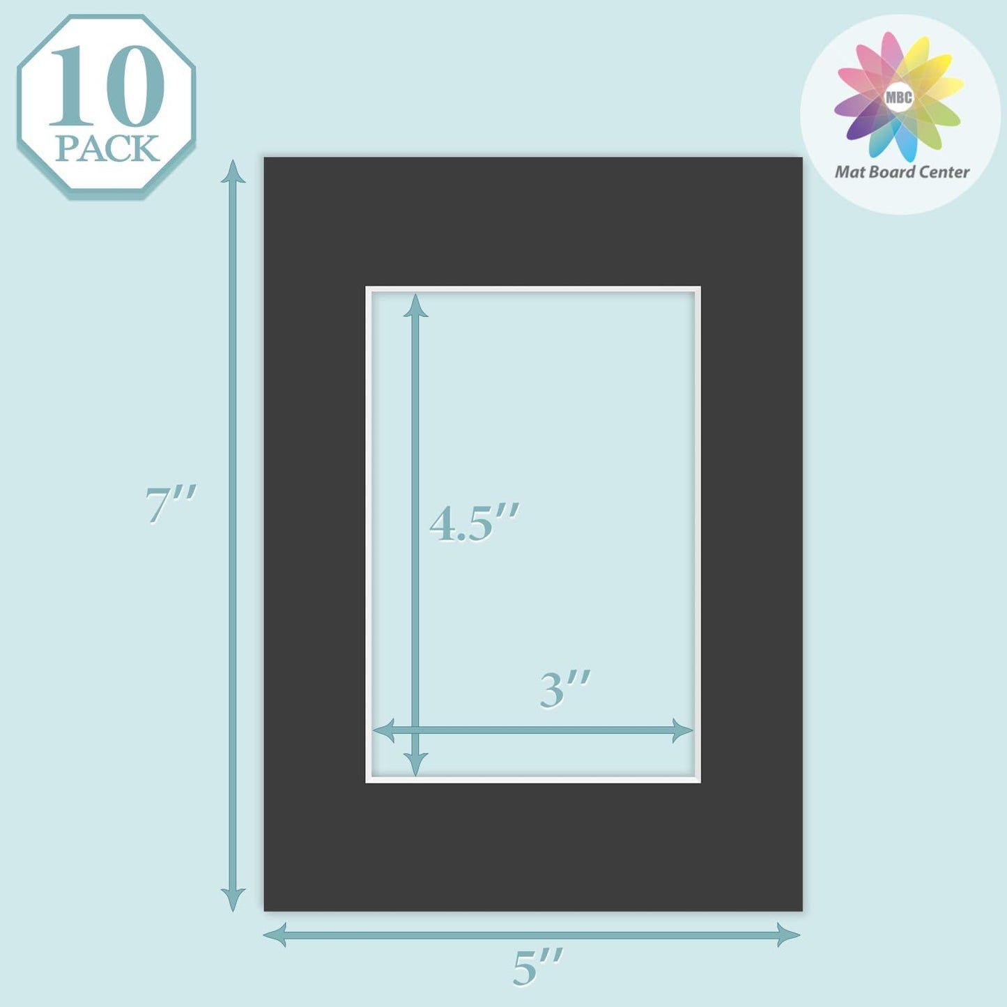 MBC Mat Board Center, 10 Pack 5x7 for 3.5x5 Black Picture Mats Frame Mattes, Bevel Cut, Acid Free, 4-ply Thickness