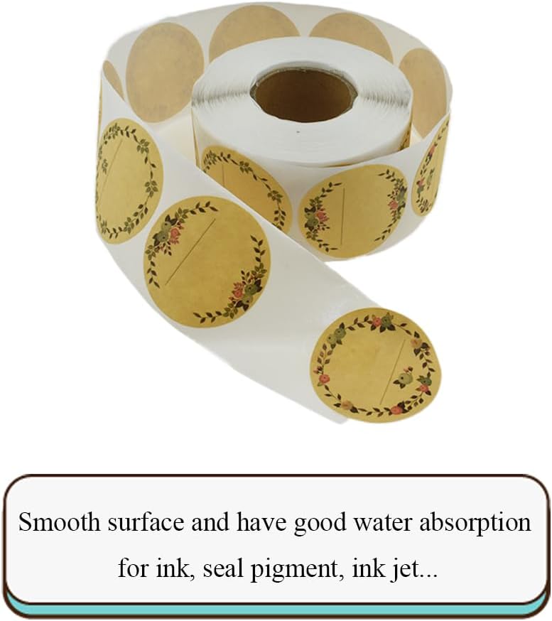 HAHIYO 1.5In 500P Round Natural Brown Kraft Stickers with Vintage Flower Design - 4 Unique Styles Blank Kraft Labels Roll to Write On Durable Dot Stickers for Jar Canning Price Tags Store Organizing