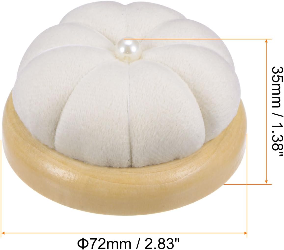 HARFINGTON Wooden Base Pin Cushion Japanese Style Cute Needle Holder Pincushions Round for Sewing Quilting Needlework DIY Crafts, Cream