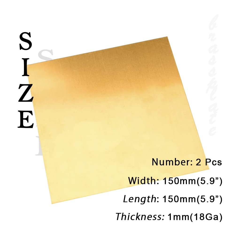 18 Gauge Brass Sheet，H62 Brass Plates Metal 0.039" Thickness x 5.9" Width x 5.9" Lenght, for Models, Crafts, Repairs, Electrical, 2Pcs