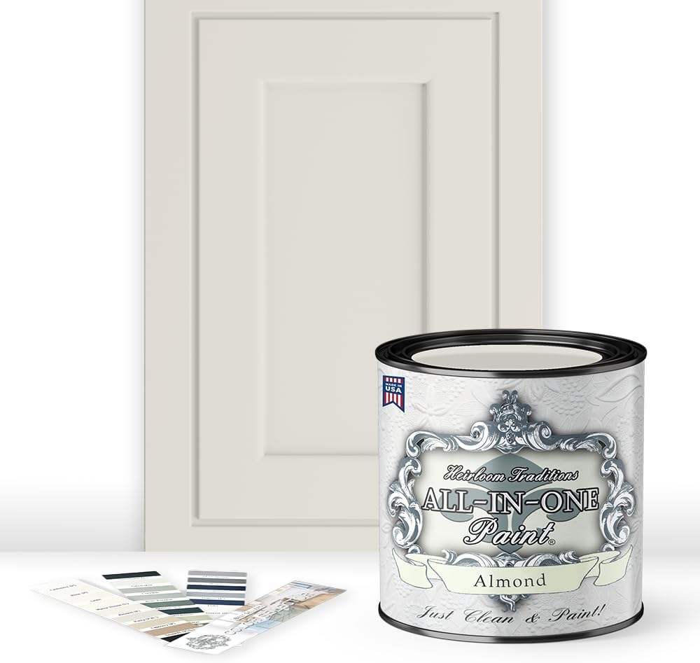 ALL-IN-ONE Paint, Durable cabinet and furniture paint. Built in primer and top coat, no sanding needed. Includes our 30 featured color card - Almond (off white with tan undertone), Quart