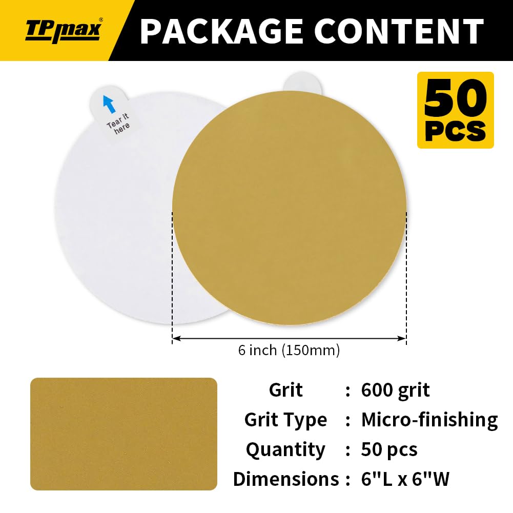 6-Inch 600-Grit Gold PSA Sanding Discs, 50 Pack – Pro-Grade Self-Adhesive Stickyback Sandpaper with Quick-Release Tabs for DA Sander, Micro-Finishing Automotive/Wood/Metal Sanding