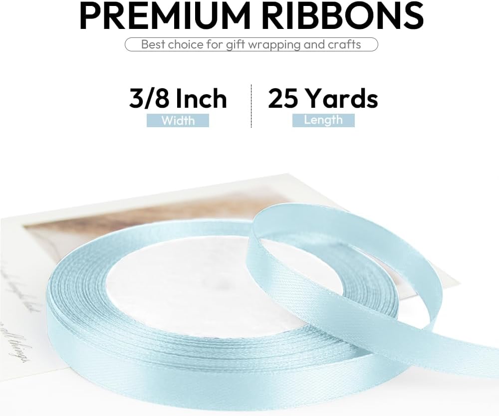 3/8 Inch 25 Yards Satin Ribbon Light Blue, Solid Color Fabric Ribbon for Gift Wrapping, Wedding, Polyester Gift Ribbon for Birthday Party Decoration, Craft, Hair, Floral, Sewing