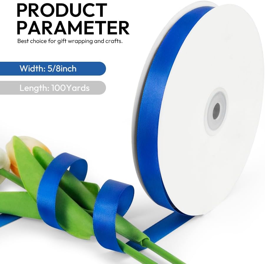 5/8 Inch 100 Yards Satin Ribbon Royal Blue, Solid Color Fabric Ribbon for Gift Wrapping, Wedding, Polyester Gift Ribbon for Birthday Party Decoration, Craft, Hair, Floral, Sewing