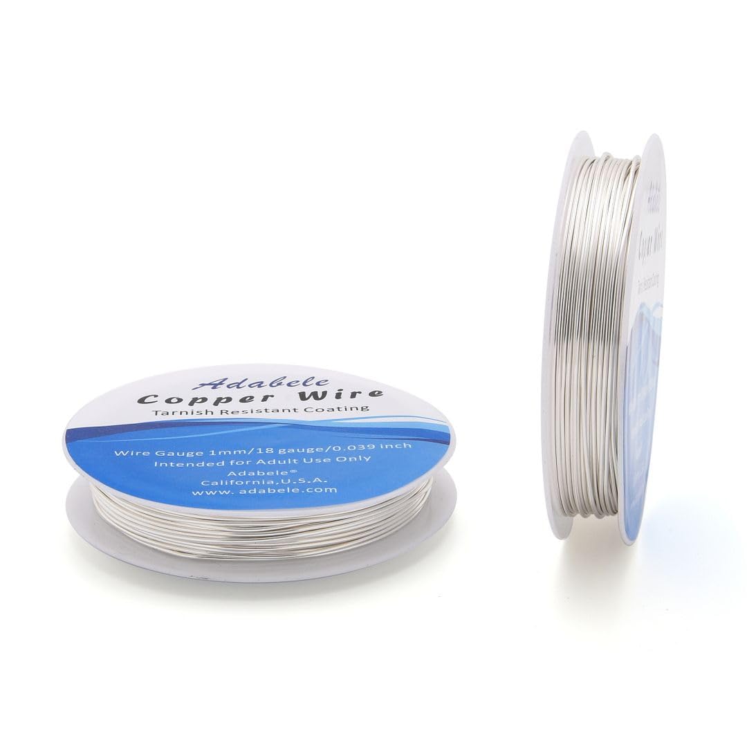 Adabele 65 Feet Premium Tarnish Resistant Round Jewelry Wire Copper Beading Wire Spool Bulk (1mm/18 Gauge) Sterling Silver Plated for DIY Craft Jewelry Making BF285-10