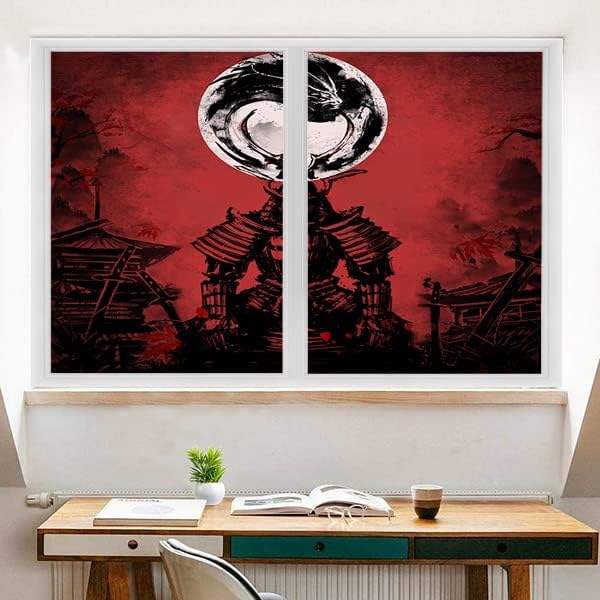 Japanese Samurai Window Film Abstract Vintage Samurai Blossom Dragon Full Moonstained Glass Window Film,Playroom Window Film,Nursery Window Film 23.6Wx47.2L-Inch X2Pcs
