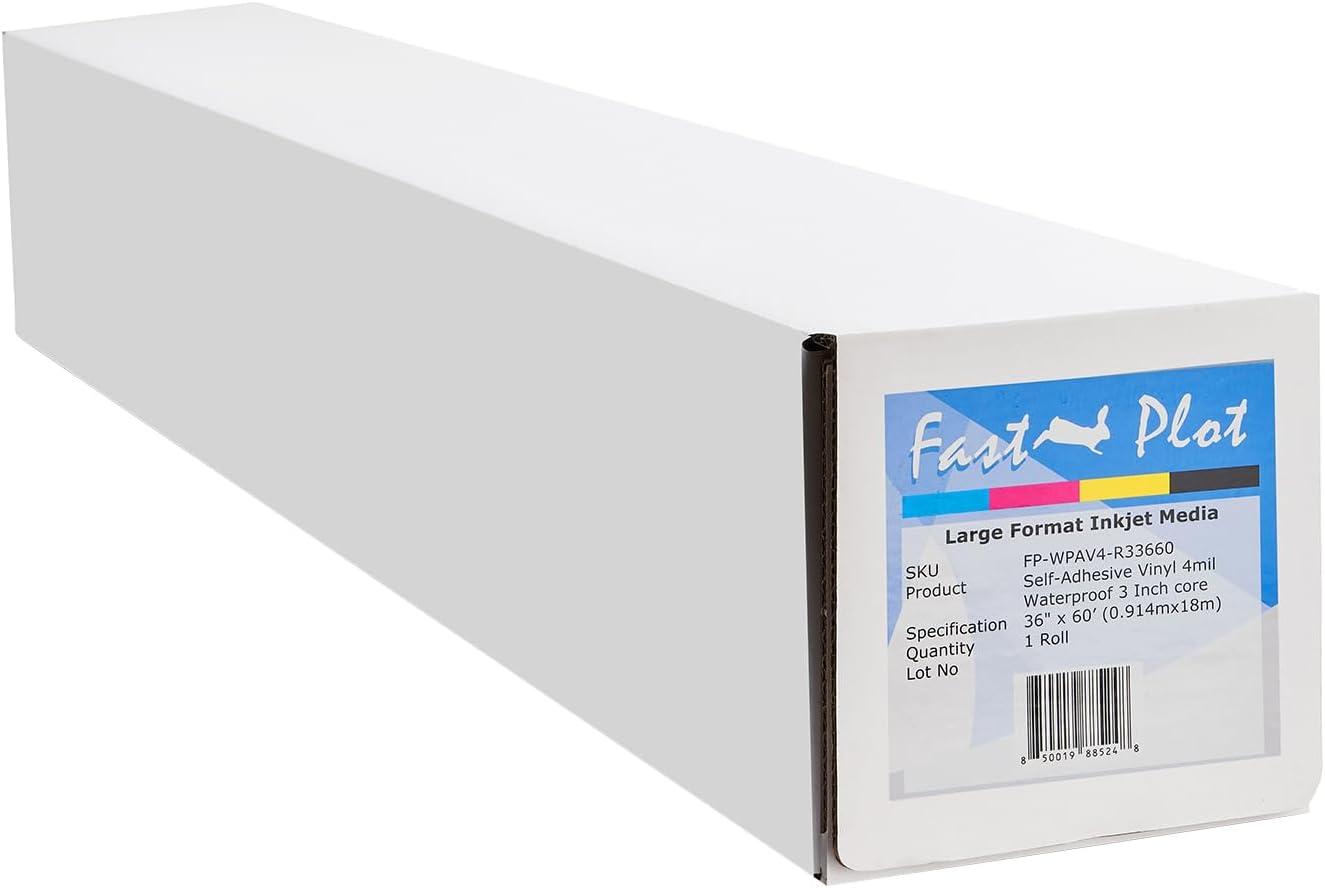 FastPlot Self Adhesive Vinyl - Waterproof 4mil - 36inch x 60ft Roll - 3inch core