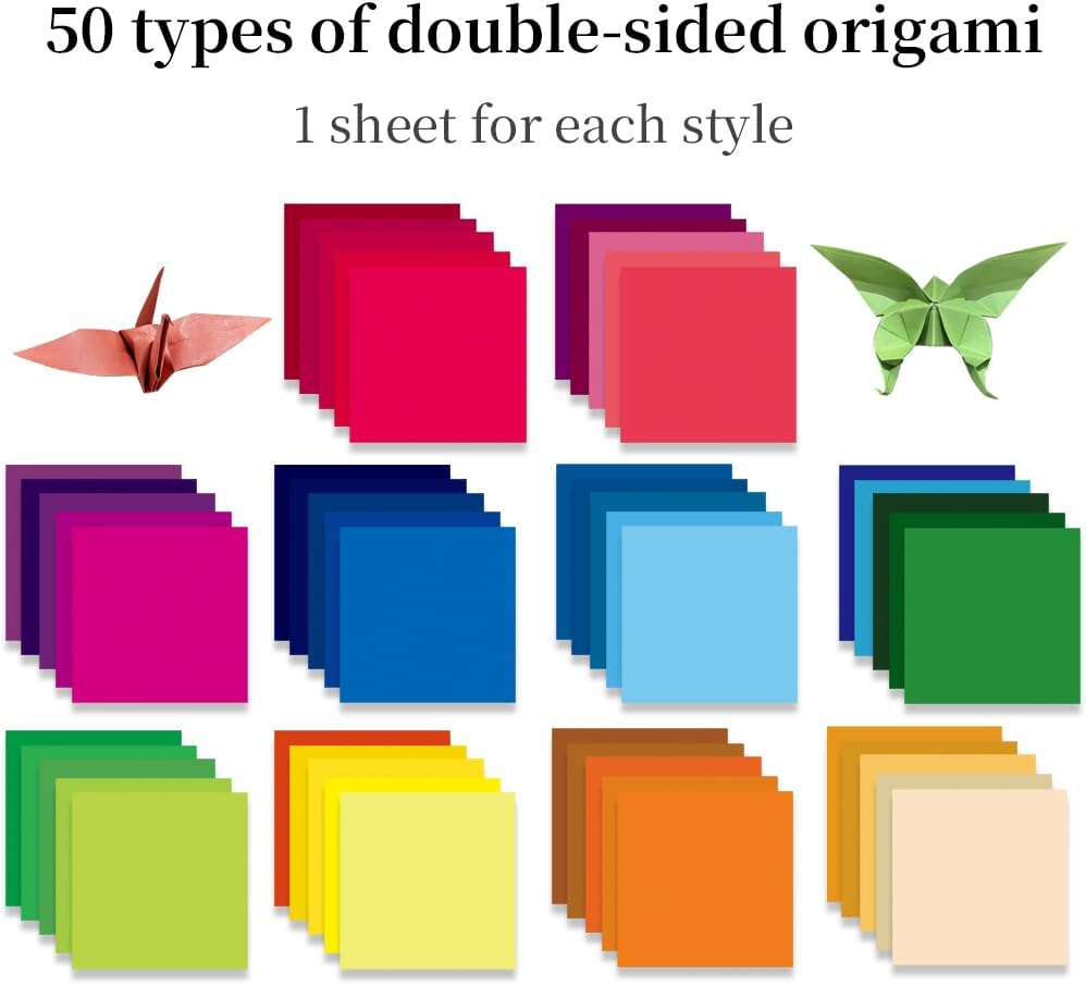 Square Origami Paper 6x6 Double Sided 50 Sheets 50 Colors 70GSM Origami Kit Japanese Chiyo Easy Fold Arts Crafts DIY Handwork Beginner Solid Color