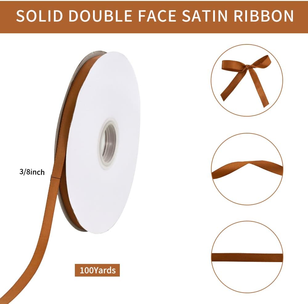 TONIFUL 3/8 Inch x 100yds Copper Brown Satin Ribbon Thin Solid Fabric Ribbons Roll for Gift Wrapping Invitation Floral Hair Balloons Craft Sewing Party Wedding Decoration Valentine's Day Bouquet