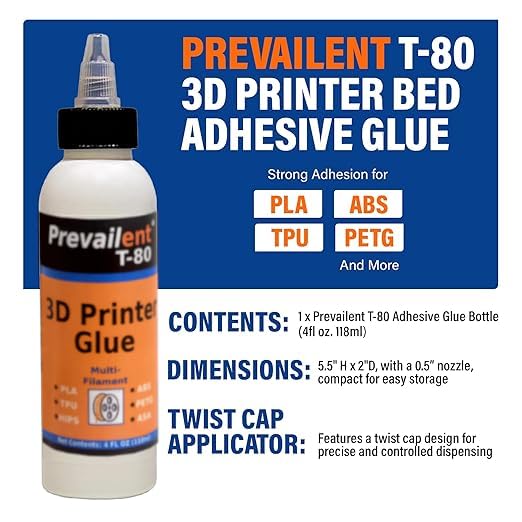 3D Printer Glue – Strong 3D Printer Adhesive for PLA, PETG, ABS, TPU & More, Bed Adhesive for Multiple Build Plates, Reduces Warping, Easy Release, 4 fl oz (118ml) - Prevailent T-80