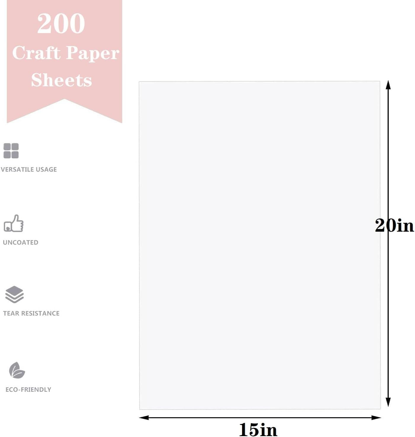 15”x 20”Kraft Paper Sheets Bulk White Paper, Large Craft Paper for Arts, Drawing, DIY Projects, White Wrapping for Gift Shipping Packaging 200 Sheets