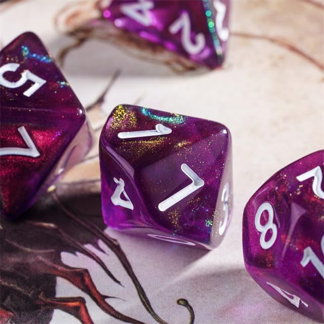 7-Die DND Dice Set Polyhedral Dice Set with a Leather Bag, D&D Dice Set for Dungeons and Dragons, RPG Table Games (T/Purple)