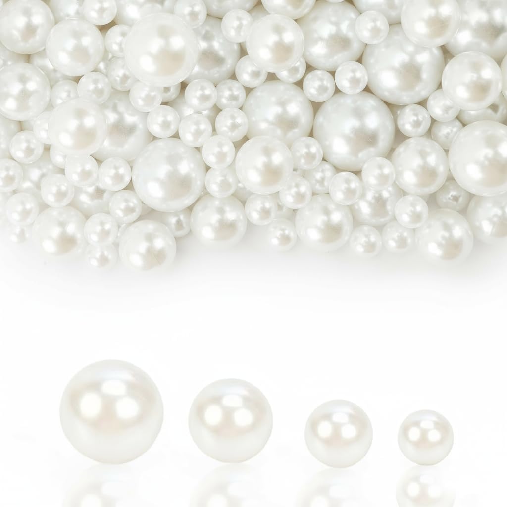 Pearl Beads No Hole Pearls for Crafting 180 Pcs Fake Pearls Bulk Faux Pearls for DIY Crafts Jewelry Making Vase Filler Floating Candle Wedding Birthday Party Home Decorations (Ivory, 8/10/14/20mm)